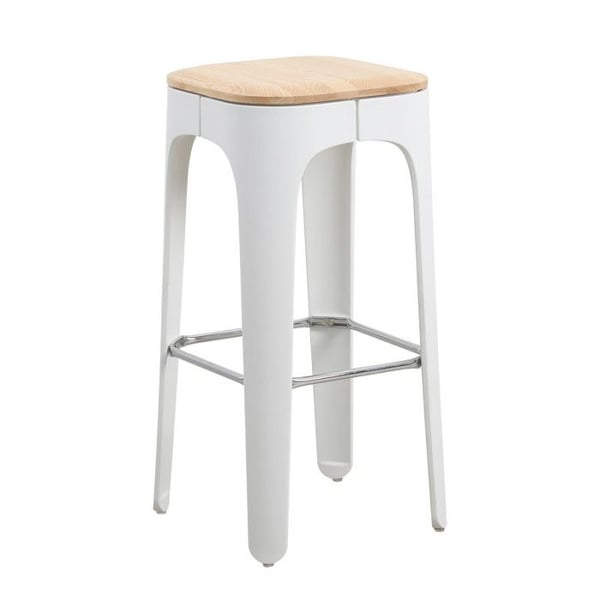 Vit och resinpall med sits i ljust trä - Höjd 72,5 cm