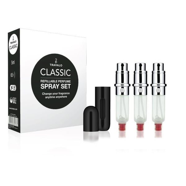 Travalo - Set med 1 svart sprayflaska och 3 påfyllningar