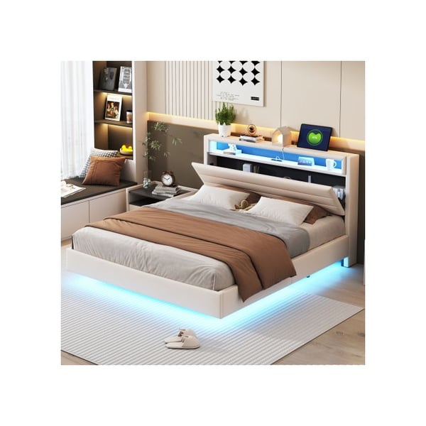 Päällystetty sänky - MUVOE - 160x200 cm - USB-portti - LED-valaistus - Käännettävä pääty