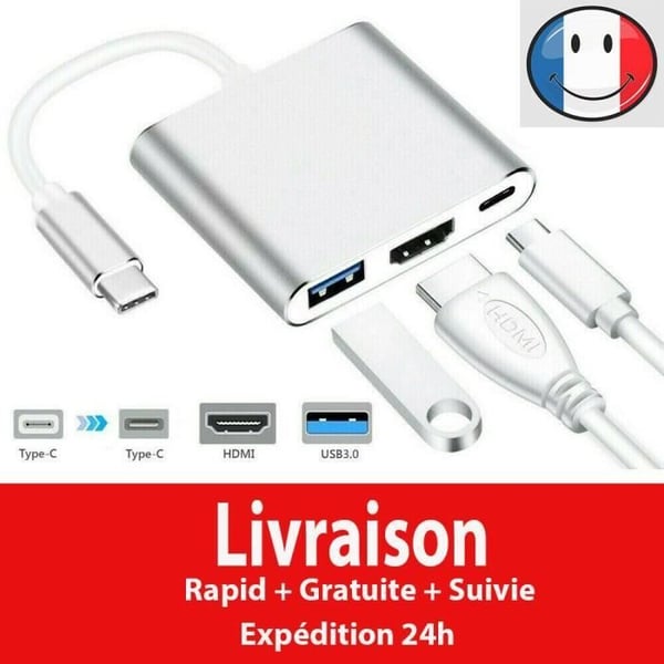 Adapter Hub - ISONIX - Typ C till HDMI 4K - USB 3.0 - 3 portar - USB-C laddare