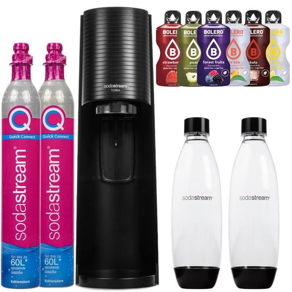 Maskin för kolsyrning av vatten - Sodastream - Terra Black - 2 flaskor 1L - 2 CO2-cylindrar - 6 smaker Bolero