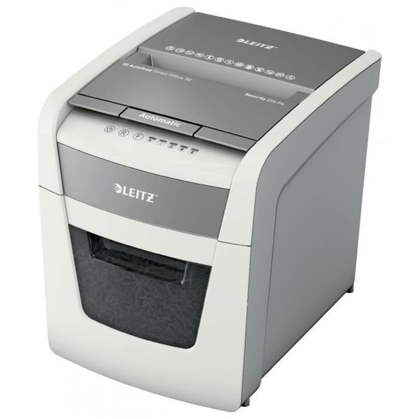 Dokumentskrotare - automatisk och manuell - 50 ark - korsklippning P4 - Leitz IQ Autofeed Small Office - Svart/Vit
