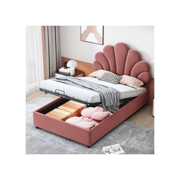 Sängbarn - MUVOE - 90 x 200 cm - Blommig sänggavel - Klädd i sammet - Rosa Sängbarn - MUVOE - 90 x 200 cm - Blommig sänggavel - Klädd i sammet - Rosa