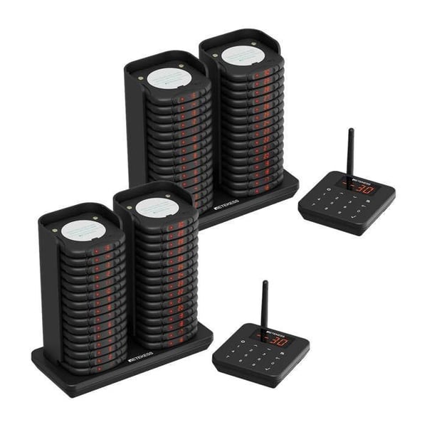 Retekess TD186 Pager Trådlöst System, Restaurang Vibration Pager, 64 Inbjudningslägen, Ljudavstängning med Ett Klick, 2 Sändare + 60 Pagers