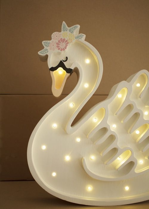 LED-bordslampa - Svan - H36 cm - Vit - Naturlig furu