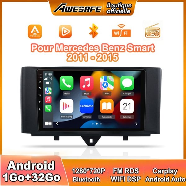 AWESAFE Autoradio Android 13 för Mercedes Benz Smart (2011-2015) 1Go+32Go 9'' pekskärm Carplay GPS Bluetooth Android Auto