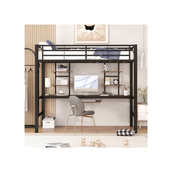 Lyst mezzanin - MUVOE - 90x200 cm - Sort metal - Inkluderer skrivebord og hylder - Sikker EN747