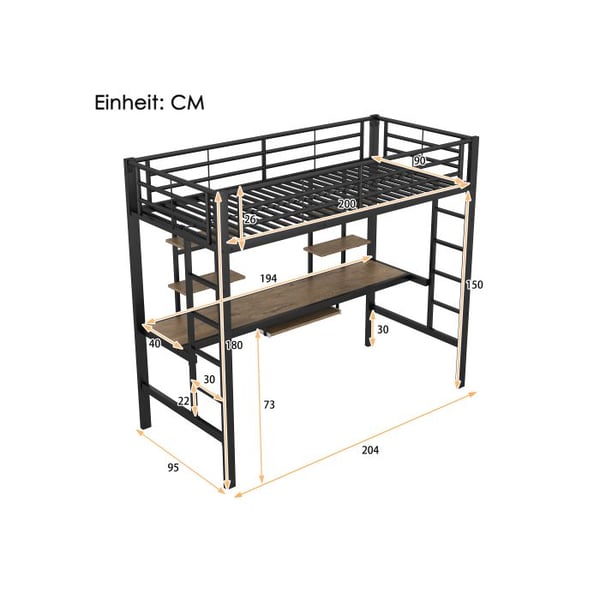 Lyst mezzanin - MUVOE - 90x200 cm - Sort metal - Inkluderer skrivebord og hylder - Sikker EN747