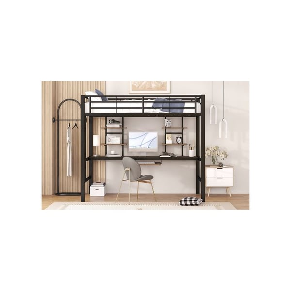 Lyst mezzanin - MUVOE - 90x200 cm - Sort metal - Inkluderer skrivebord og hylder - Sikker EN747