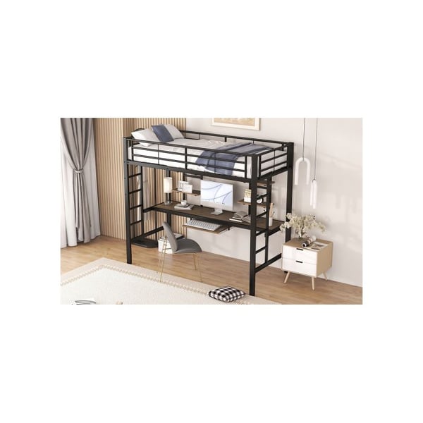 Lyst mezzanin - MUVOE - 90x200 cm - Sort metal - Inkluderer skrivebord og hylder - Sikker EN747