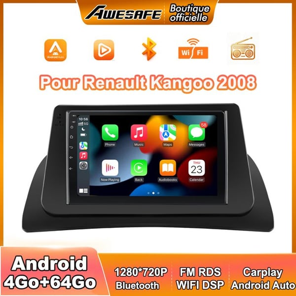 AWESAFE Autoradio Android 13 för Renault Kangoo 2008 4Go+64Go med 9'' pekskärm Carplay GPS Bluetooth Android Auto