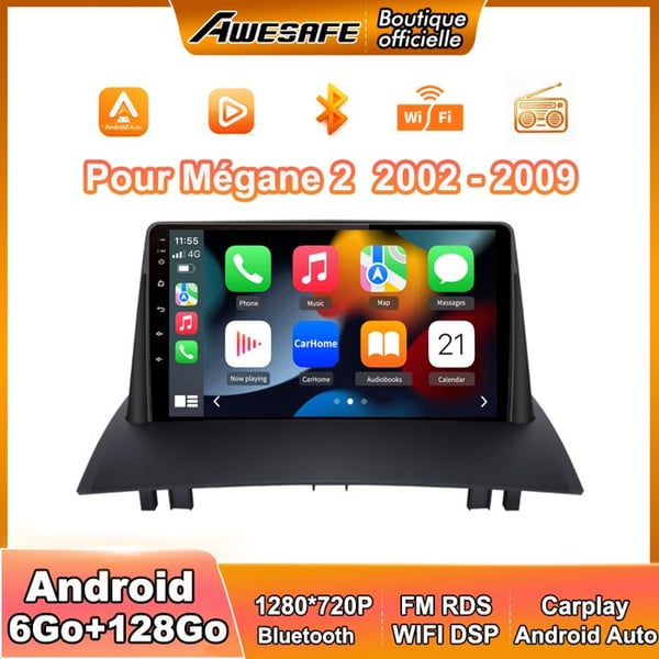 AWESAFE Autoradio Android 13 för Mégane 2 (2002-2009) 6Go+128Go med 9'' pekskärm Carplay GPS Bluetooth Android Auto