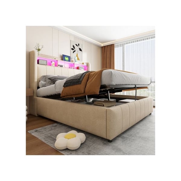 Polstret sänggavel - MUVOE - 140x200 cm - LED-belysning - USB-uttag - Inbyggd förvaring