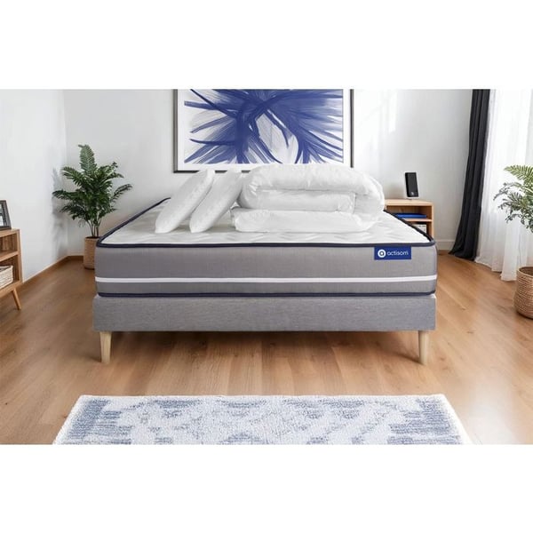 Komplett sängpaket 140x190 cm - Madrass + Sängbotten Grå (i kit) + 2 kuddar + Täcke - Actilatex Pu