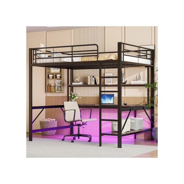 Belyst mezzanin - MUVOE - 140x200 cm - Sort - USB- og elektriske stik - 7 farver belysning