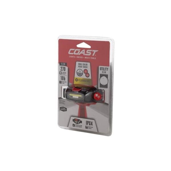 Coast LED-huvudlampa 270 lm uppladdningsbar, röd vit, IPX4 vattentålig, justerbar huvudrem, handsfree camping vandring arbete