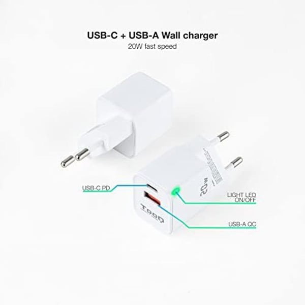 Väggladdare USB-C PD + USB-A 20 W - TooQ