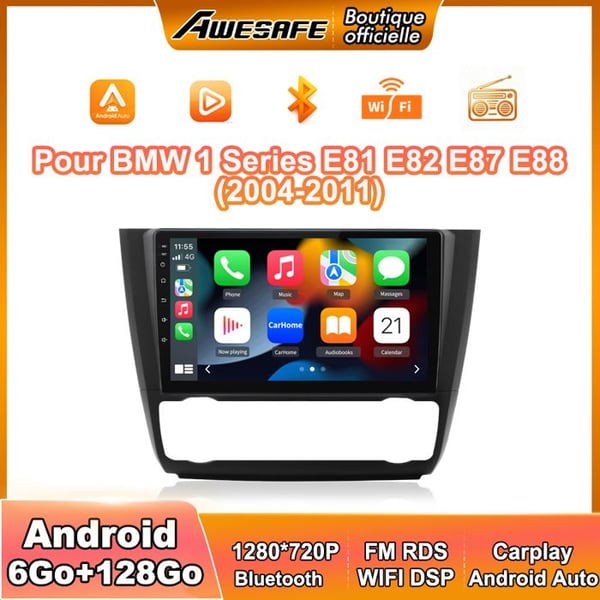 AWESAFE Autoradio Android 13 för BMW 1 Series E81 E82 E87 E88 (2004-2011) 6Go+128Go 9'' Pekskärm Carplay Android Auto GPS