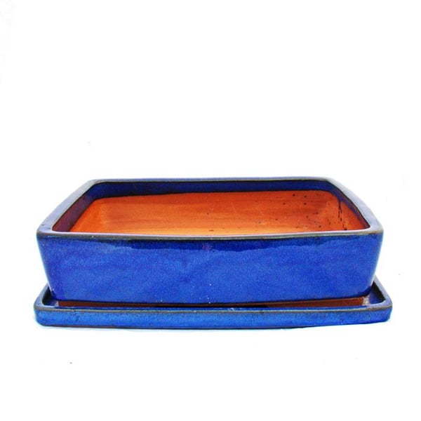 Bonsai-skål med fat St. 6 - Blå - rektangulär - G30 - L 36cm - B 27cm - H 9cm