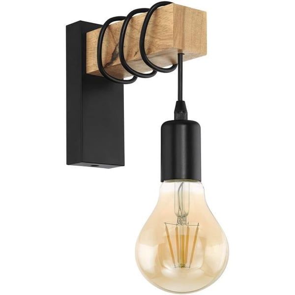 Vintage 1-ljus vägglampa med industriell design, retrolampa i stål och trä, färg: svart, brun, sockel: E27