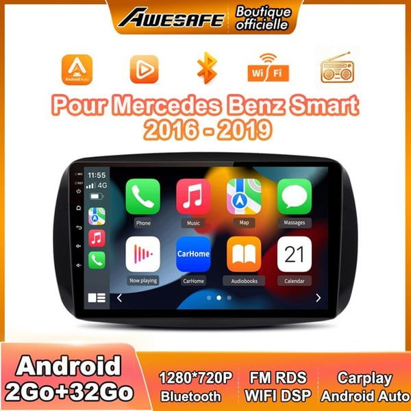 AWESAFE Bilradio Android 13 för Mercedes Benz Smart (2016-2019) 2Go+32Go 9'' Touchskärm Carplay Android Auto RDS GPS WiFi