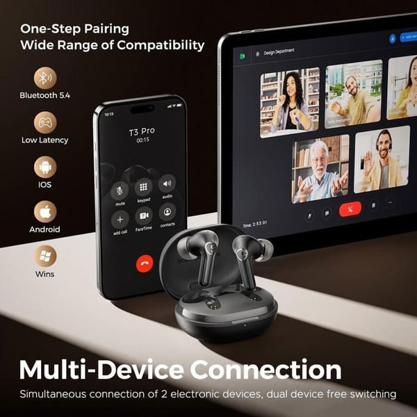 Trådlösa hörlurar - Soundpeats - T3 Pro - Bluetooth 5.4 - 28 timmars batteri - IPX4 vattentålig