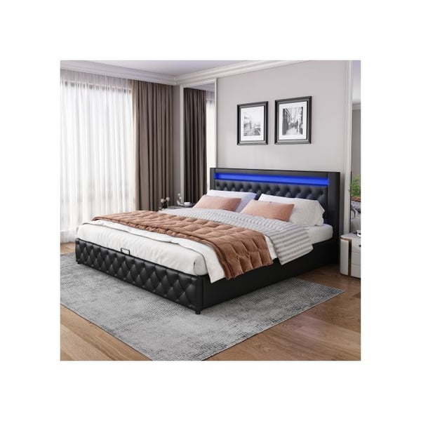 Polstret seng - MUVOE - 140 x 200 cm - Sort - LED-belysning - Indbygget opbevaring