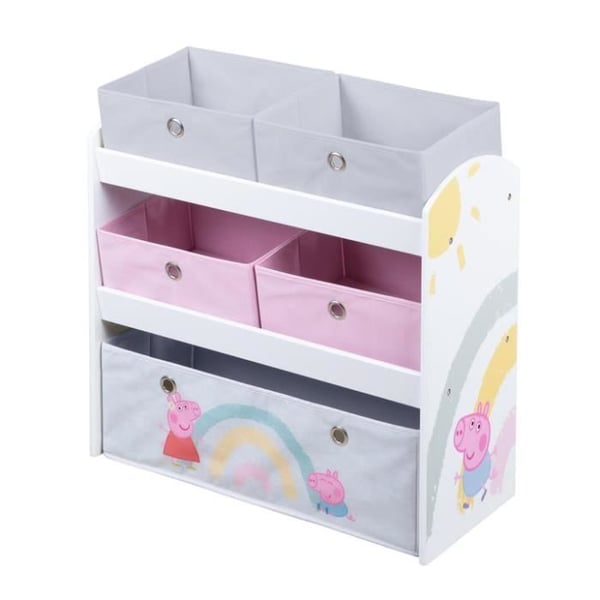 ROBA Peppa Pig Förvaringshylla för Leksaker - 5 Tyglådor - Mönster med Sugga och Griskulting - Lackerad Rosa - Vit