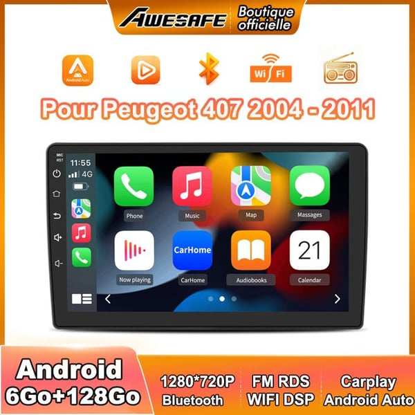 AWESAFE Autoradio Android 13 för Peugeot 407 (2004-2008) 6Go+128Go 9'' Pekskärm GPS Carplay Android Auto WiFi DSP FM