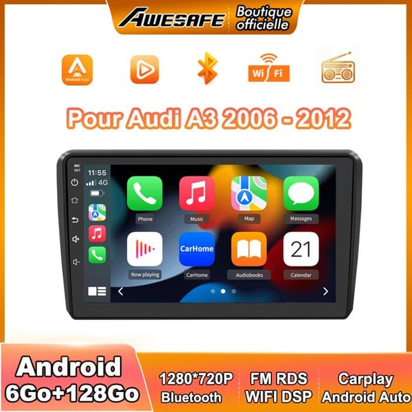 AWESAFE Autoradio Android 13 för Audi A3/S3/RS3 (2012-2020) 6Go+128Go 9'' Pekskärm med Carplay Android Auto GPS WiFi