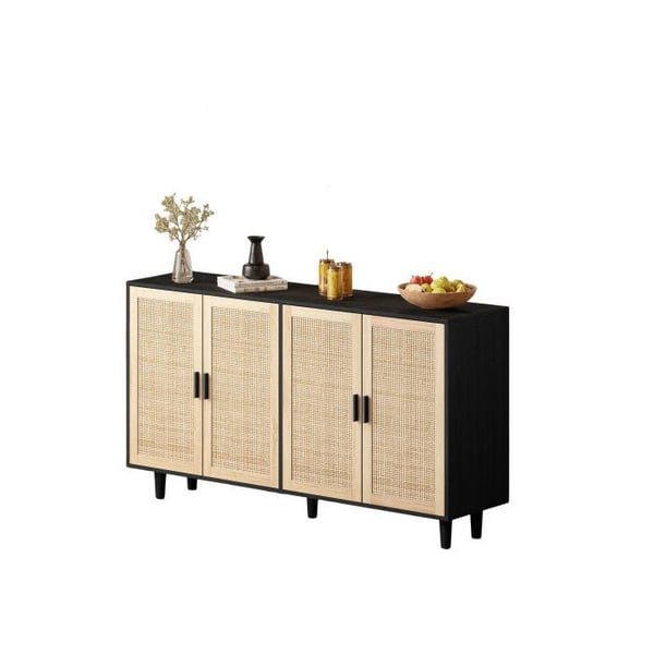 Opbevaringsmøbel - MUVOE - 4 døre - Sort - Rattan - Justerbar hylde