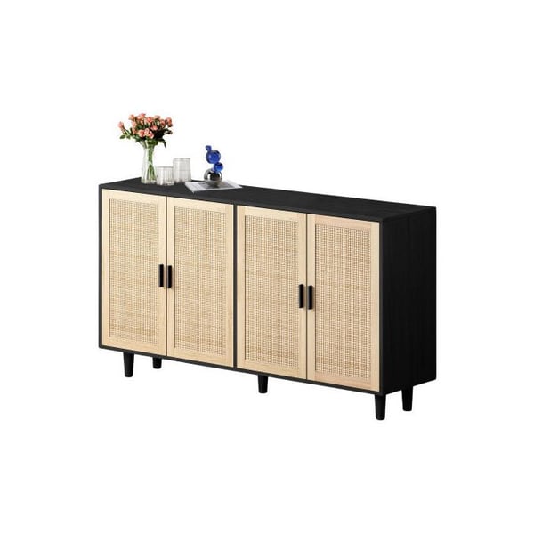 Opbevaringsmøbel - MUVOE - 4 døre - Sort - Rattan - Justerbar hylde