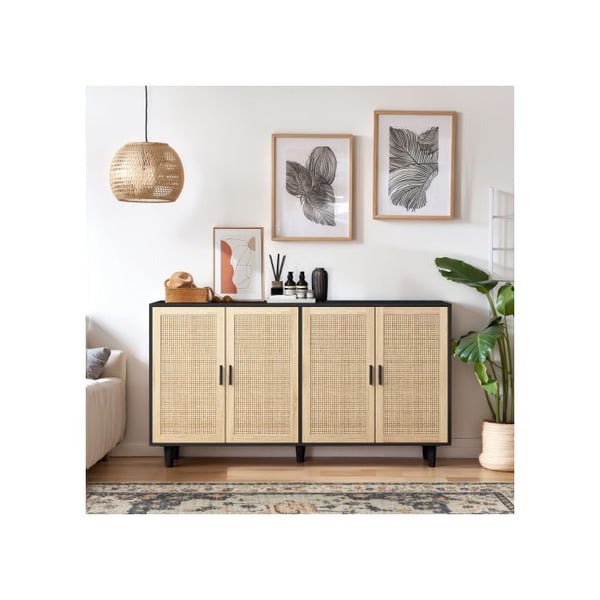 Opbevaringsmøbel - MUVOE - 4 døre - Sort - Rattan - Justerbar hylde