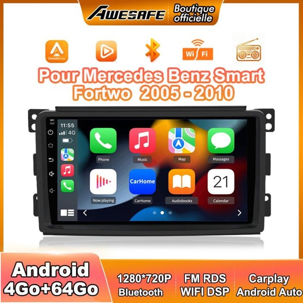 AWESAFE bilradio Android 13 för Mercedes Benz Smart Fortwo (2005-2010) 4Go+64Go 9'' pekskärm Carplay GPS Android Auto