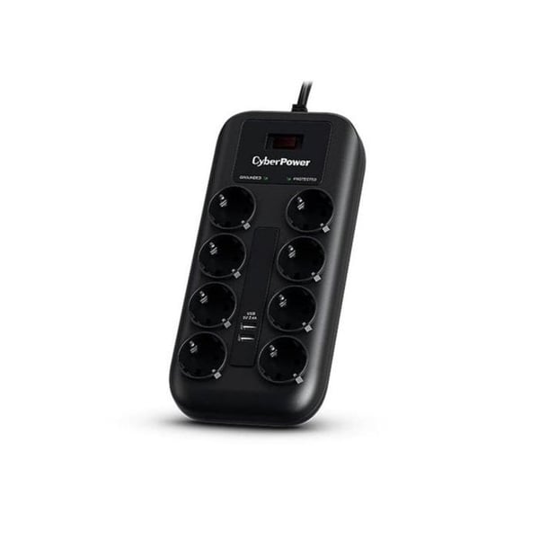 Overspændingsbeskyttelse - CYBERPOWER - P0820SUF0-DE - 8 Schuko-stikkontakter - 2 USB-porte - Sort