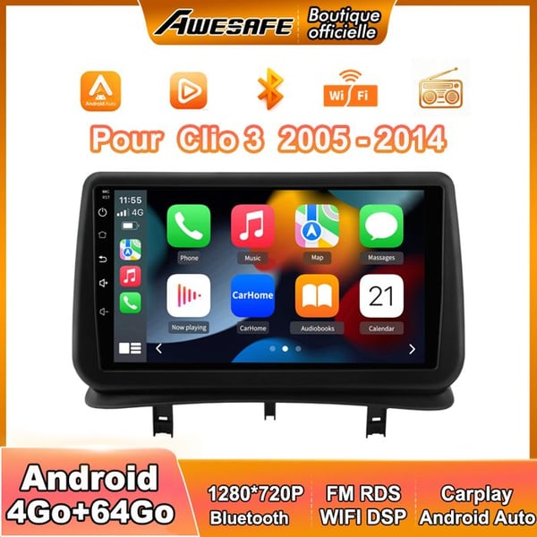 AWESAFE Bilradio Android 13 för Renault Clio 3 (2005-2014) 4Go+64Go med 9'' pekskärm Carplay GPS Bluetooth Android Auto