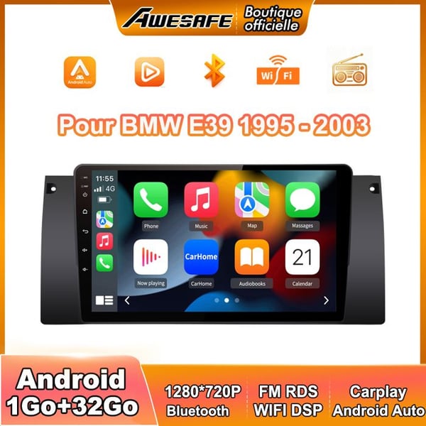 AWESAFE Autoradio Android 13 för BMW 5er E39 X5 M5 E53 (1996-2003) 1Go+32Go 9'' pekskärm Carplay GPS Bluetooth Android Auto