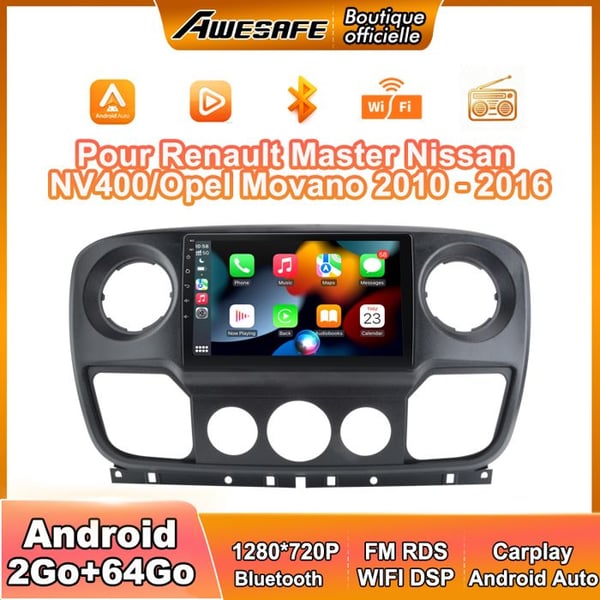 AWESAFE Bilradio Android 13 2Go+64Go för Renault Master Nissan NV400/Opel Movano (2010-2016) 10,1'' skärm Carplay Android Auto