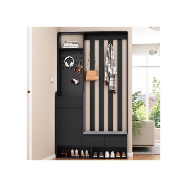 Entréemøbel - MUVOE - Modern garderobe - Polstret bænk - 4 kroge - Sort