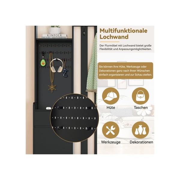 Entréemøbel - MUVOE - Modern garderobe - Polstret bænk - 4 kroge - Sort