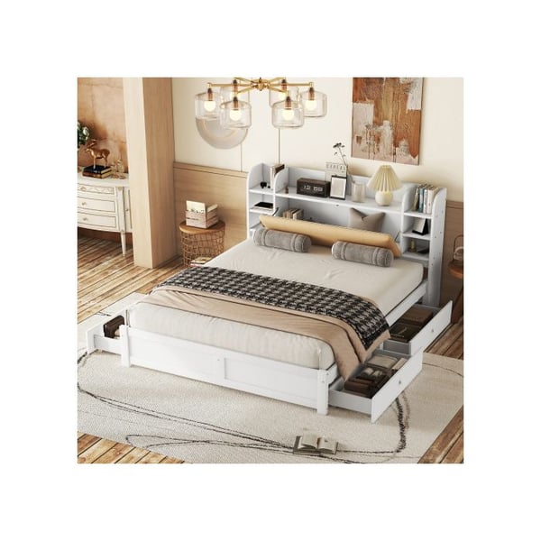 Seng - 180x200 cm - Justerbar hovedgærde - 4 skuffer - Indbygget opbevaring - Hvid