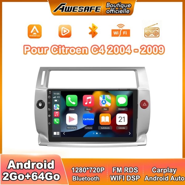 AWESAFE Autoradio Android 13 för Citroen C4 (2004-2009) med 2Go+64Go 9'' pekskärm Carplay GPS WiFi Bluetooth Android Auto