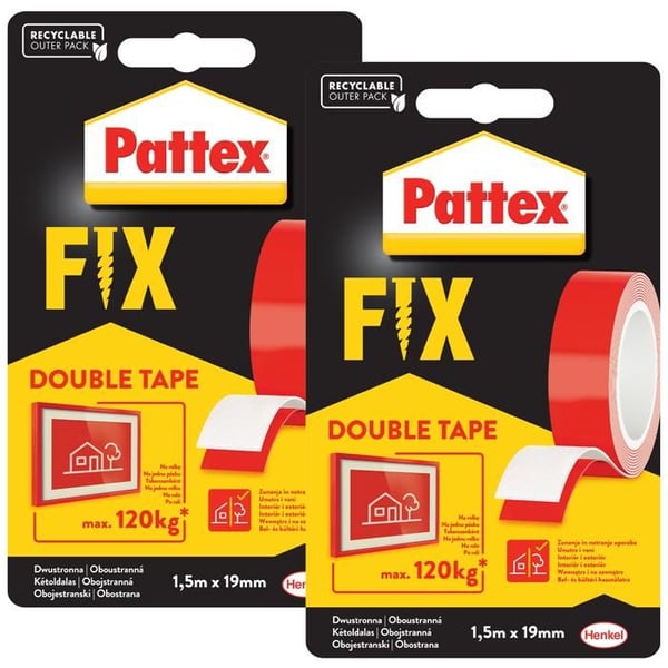 Dubbelhäftande tejp - Pattex - FIX 120 kg - Ultra hållbar - Multi-yta - 1,5 m x 19 mm