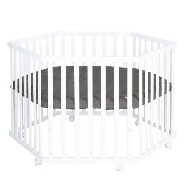 ROBA Sexkantig Babypark + Antracit Läderrug + 6 Hjul med Broms - Justerbar Höjd - Vit Trä