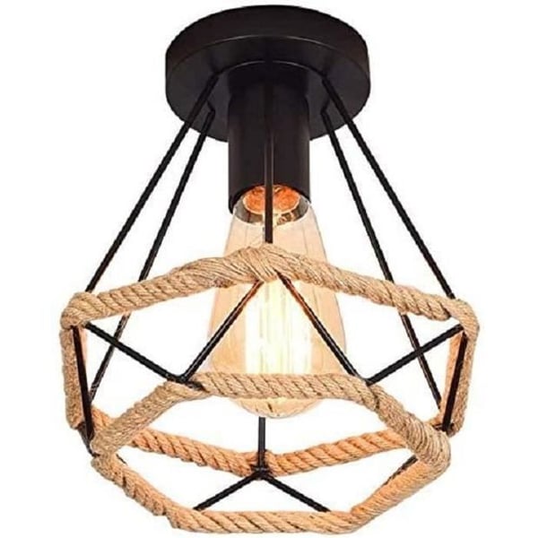 Retro Vintage Taklampa Industriell Diamantformad Metallbur med hampasnöre Järnbelysning 20cm, Dekoration Ramadan
