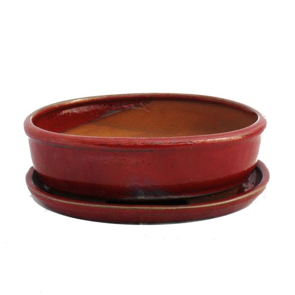 Bonsai-skål med underlägg St. 8 tum - röd - oval - Modell O3 - L 21cm - B 16cm - H 6cm