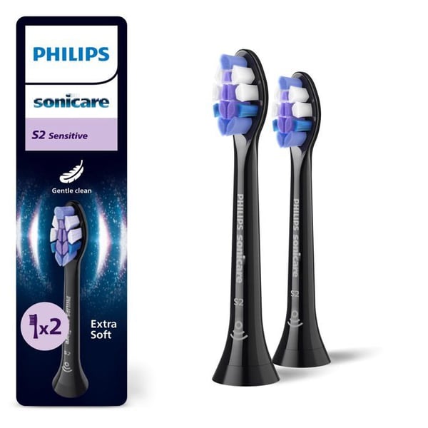 Känsliga utbytbara borsthuvuden - Philips - S2 Känslig - Paket med 2 - Svart - Tar bort upp till 10x mer plack