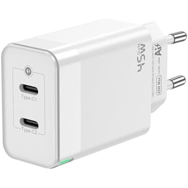 Laddare GaN - AISENS - ASCH-45W2P005-W - 45W - 2XUSB-C PD3.0 - QC4.0 - Vit