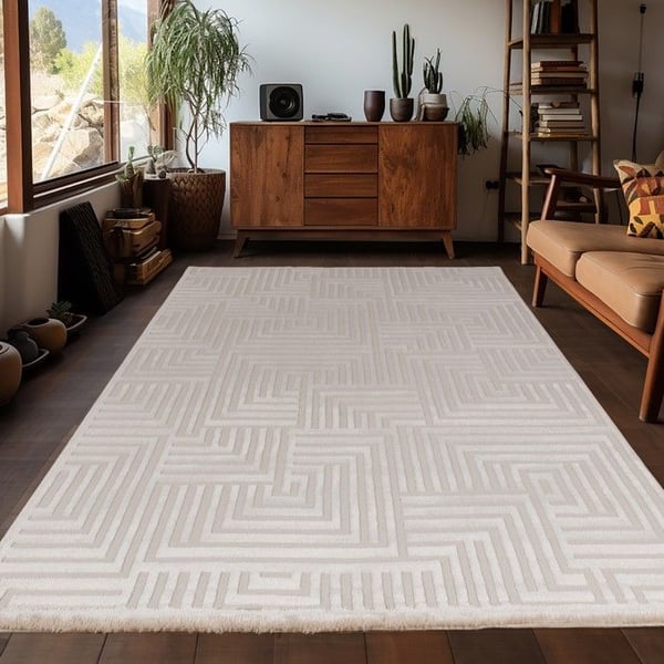 Soffmatta med geometriska mönster i relief, bohemisk skandinavisk stil, mjuk, Beige (Dimension: 120X170 cm)