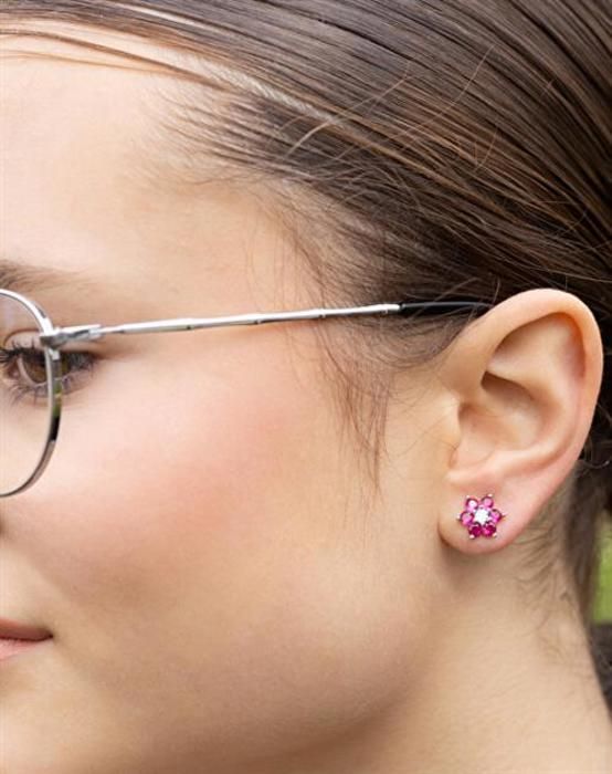 Örhängen - AGATO - E155PF - Silver 925 - Fuchsiasyntetisk zirkon - Blommönster